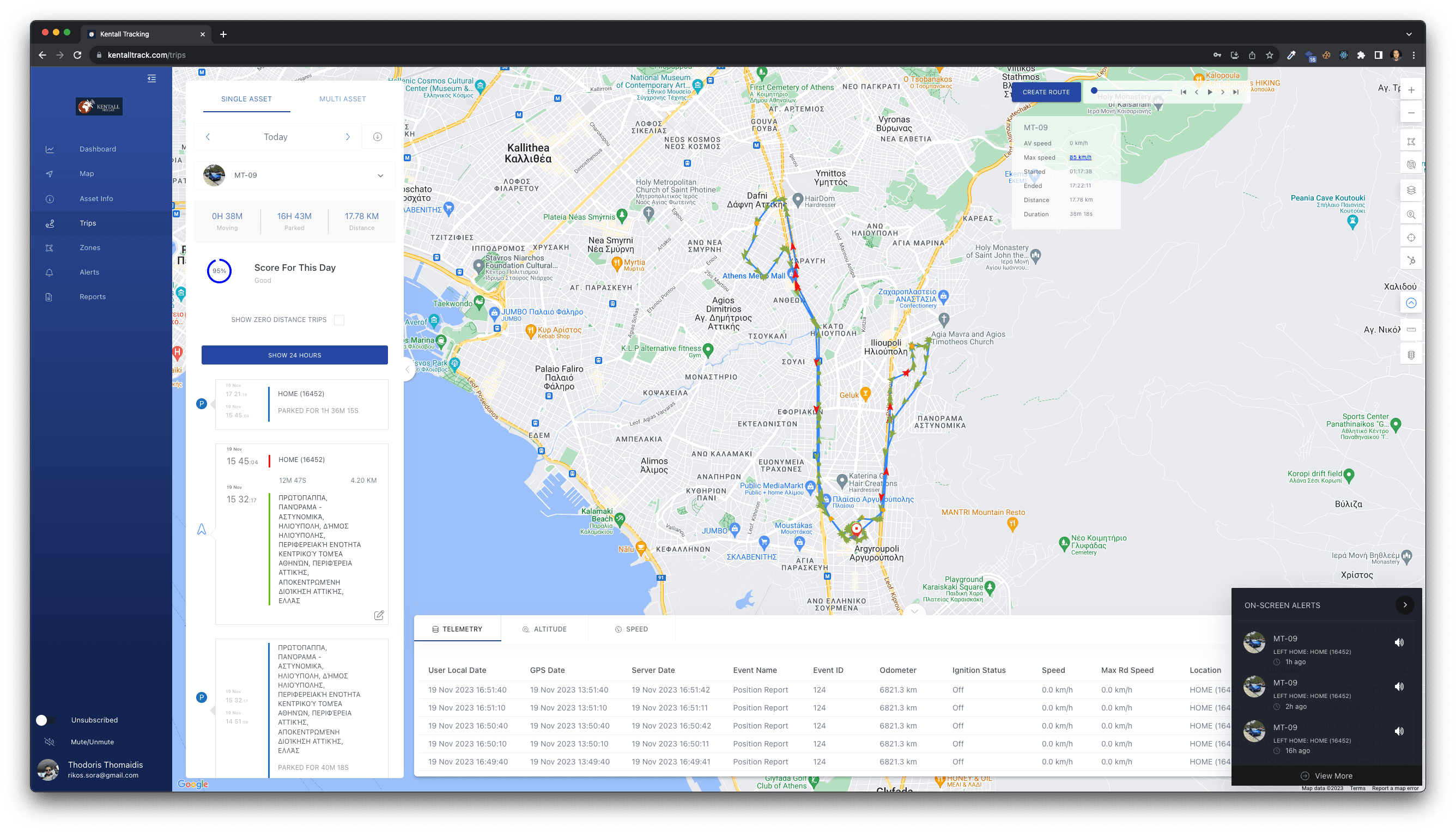 Live map showing a tracked car and its status