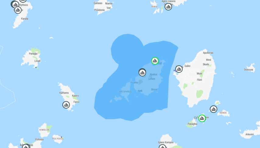 Nautical mile zones mapped around a Greek island port